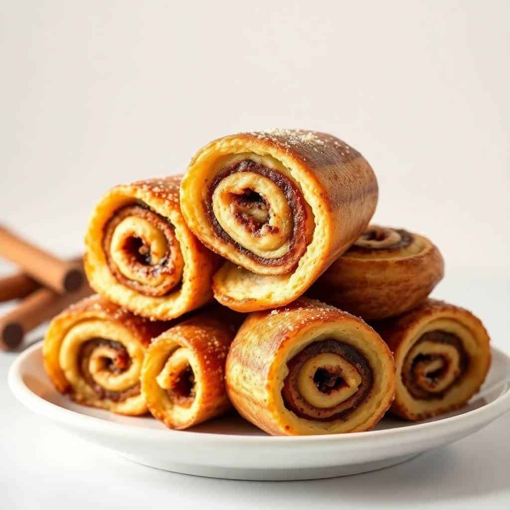 Golden cinnamon roll French toast roll-ups dusted with sugar, stacked on white plate with cinnamon sticks.