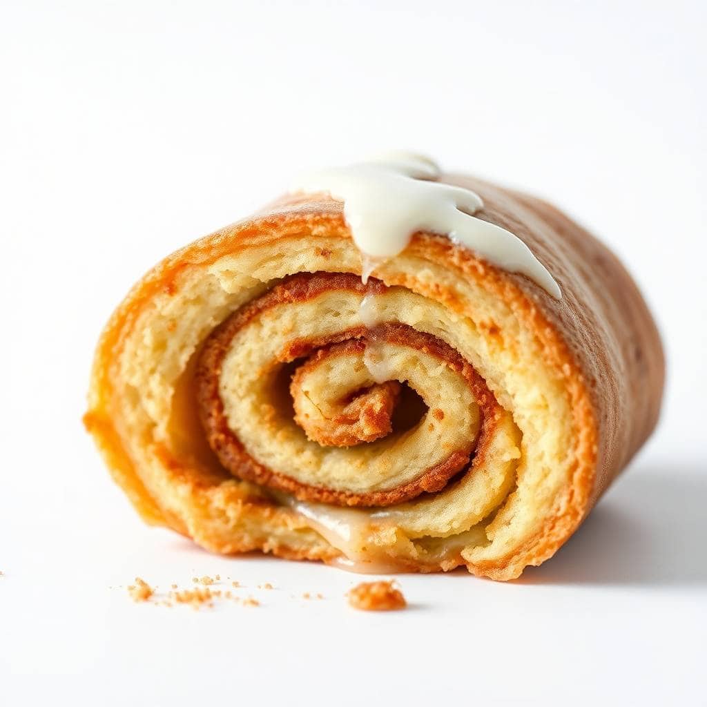 Cinnamon roll French toast roll-up with white glaze drip and cinnamon-sugar filling on white surface.
