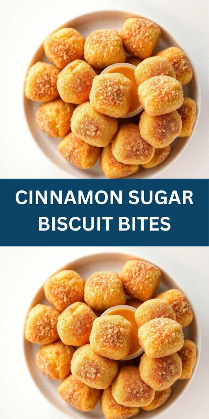 Golden cinnamon sugar biscuit bites arranged on white plate with caramel dipping sauce.