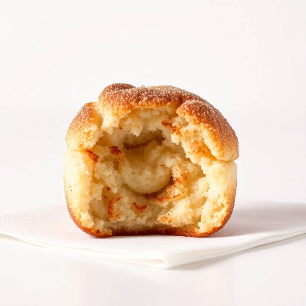 Golden cinnamon sugar biscuit bite split open, revealing fluffy interior on white plate.
