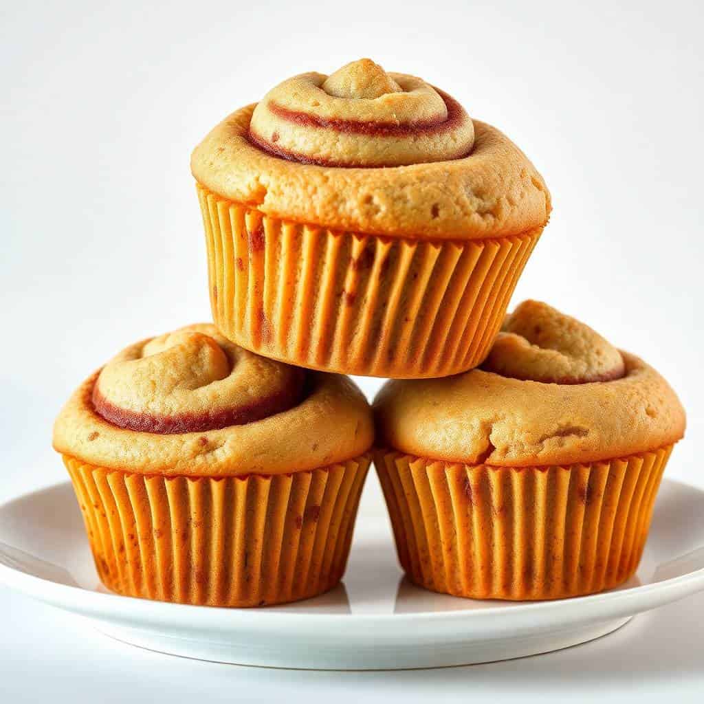 Three cinnamon sugar swirl muffins in orange liners arranged on a white plate.