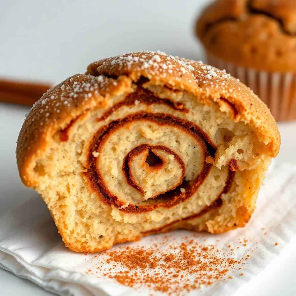 Cinnamon sugar swirl muffin halved on white napkin, revealing spiral filling, dusted with cinnamon sugar.