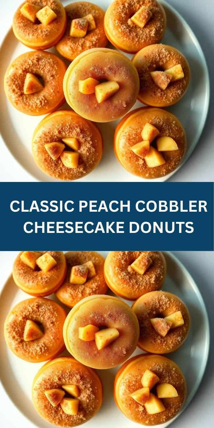 Classic peach cobbler cheesecake donuts with cinnamon sugar coating and diced peach garnish on white plate.