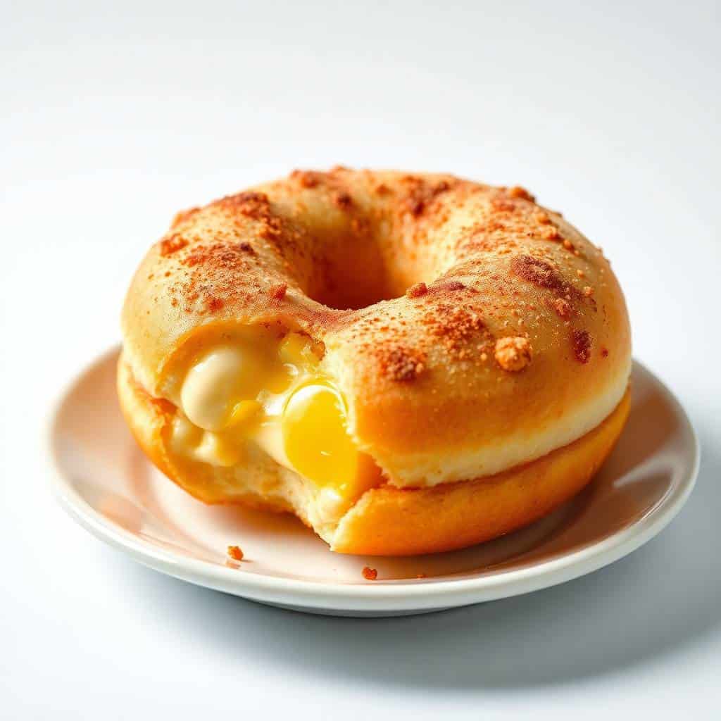 Cinnamon-sugar dusted donut with creamy peach filling oozing from the center, plated on white dish.