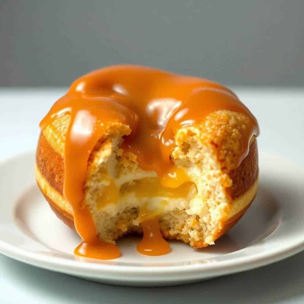 Classic peach cobbler cheesecake donut with caramel glaze on white plate, cross-section revealing cream filling.