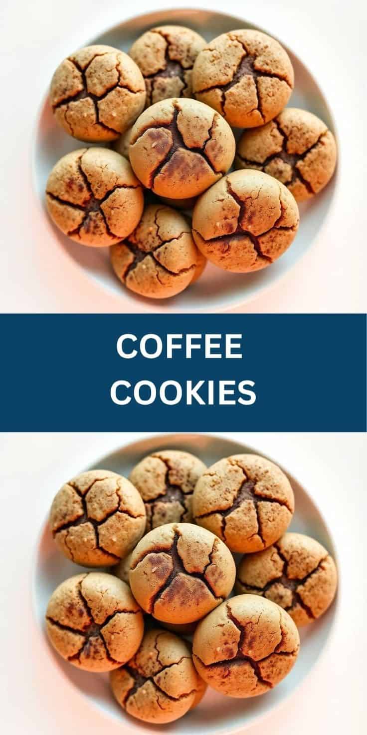 Coffee cookies with cracked, caramelized tops arranged on a white plate.