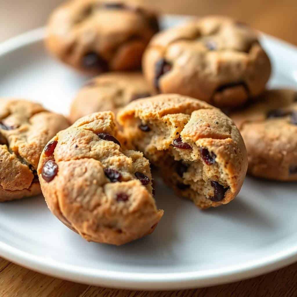 Coffee cookies with dark chocolate chips arranged on a white ceramic plate.