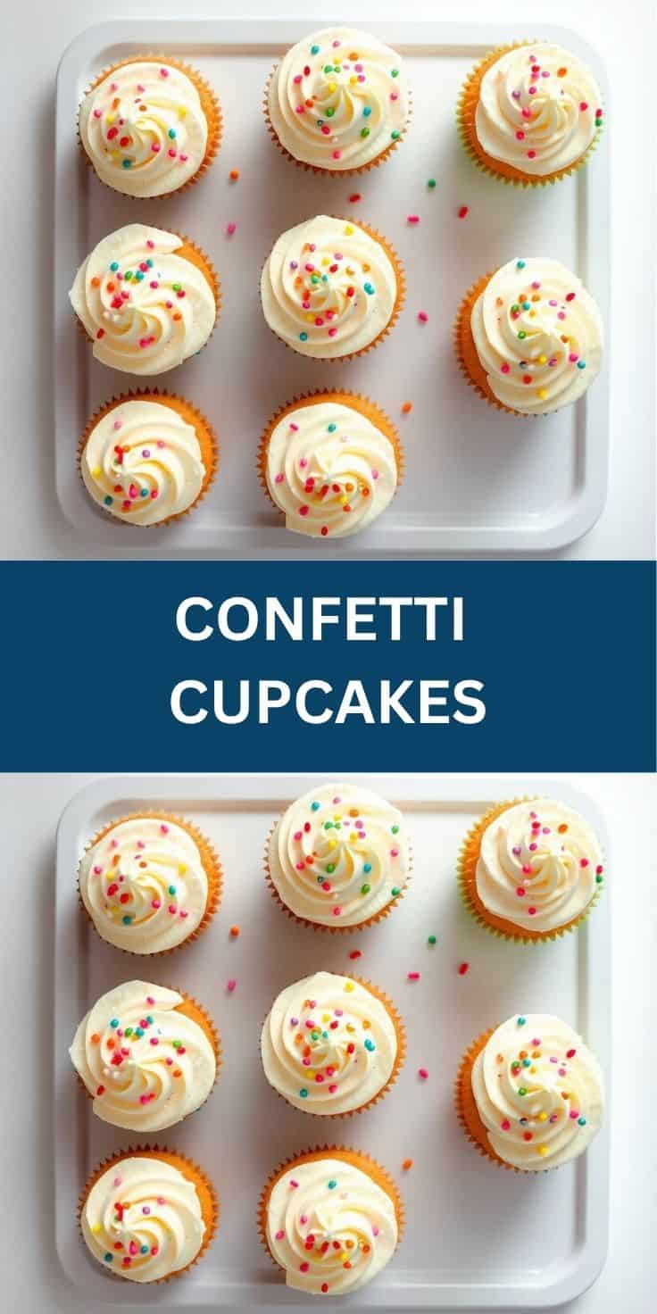 Eight confetti cupcakes with cream frosting and colorful sprinkles arranged on white tray.