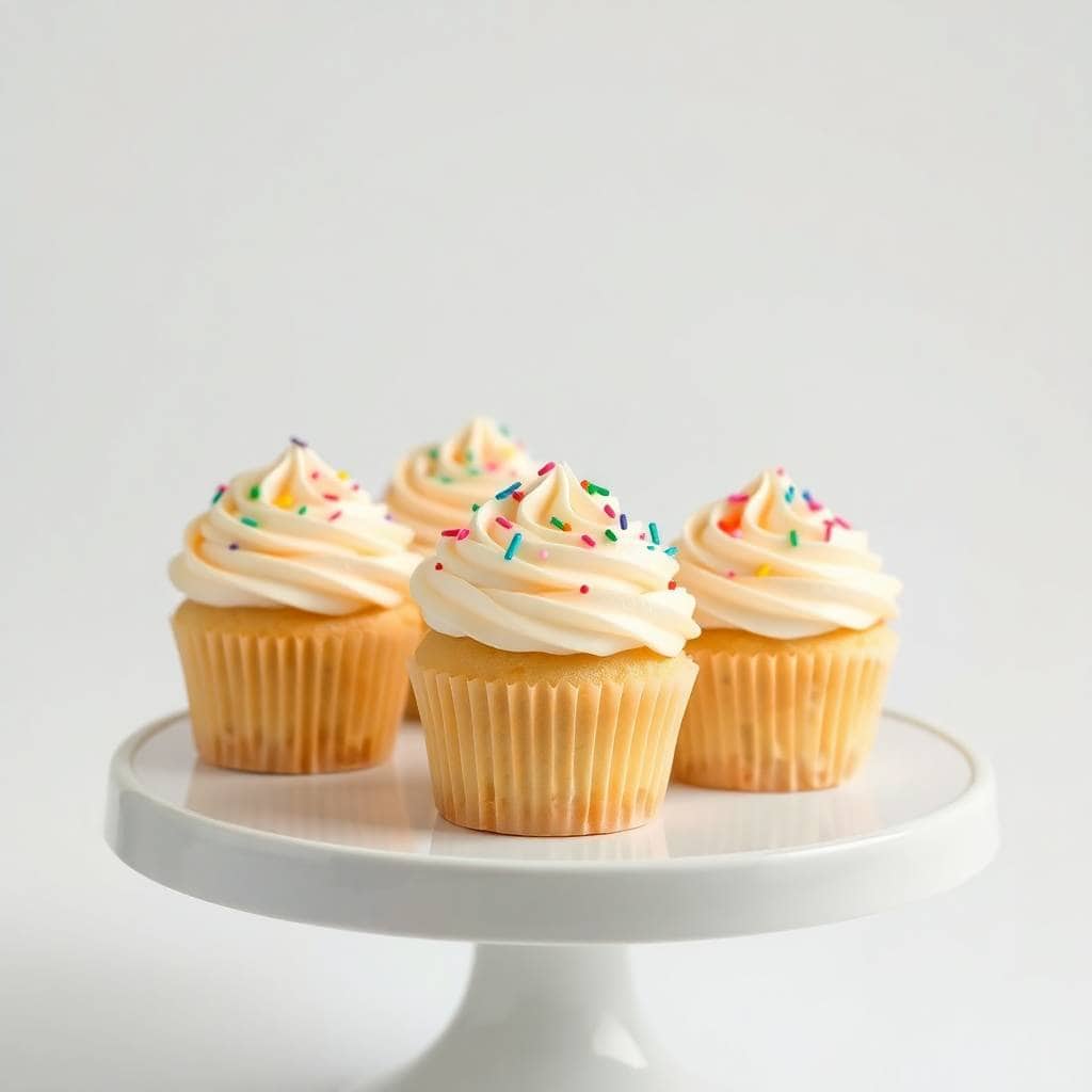 Four vanilla confetti cupcakes with cream frosting and colorful sprinkles on white cake stand.