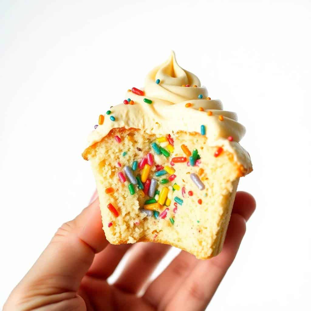 Hand holding a confetti cupcake with vanilla frosting and colorful sprinkles against white background.