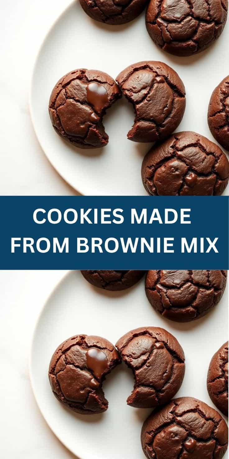 Chocolate brownie cookies with cracked tops on a white plate, one split open showing fudgy center.