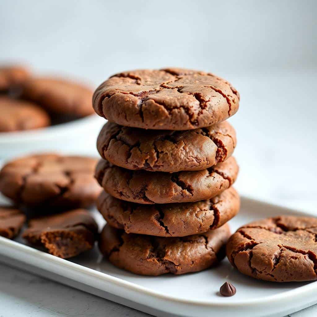 Stacked chocolate brownie mix cookies on white plate with crackled surface texture and chocolate chips.
