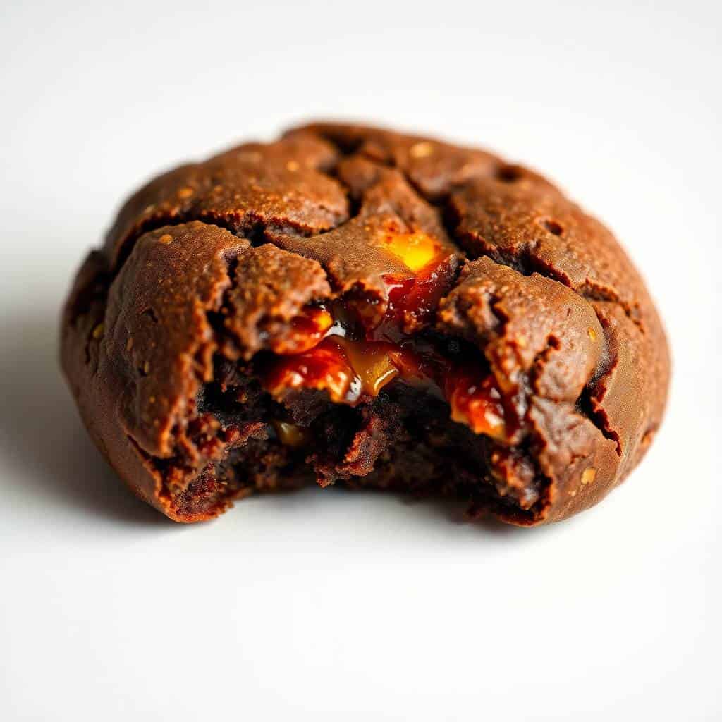 Chocolate brownie cookie broken in half, revealing gooey caramel center, on white background.