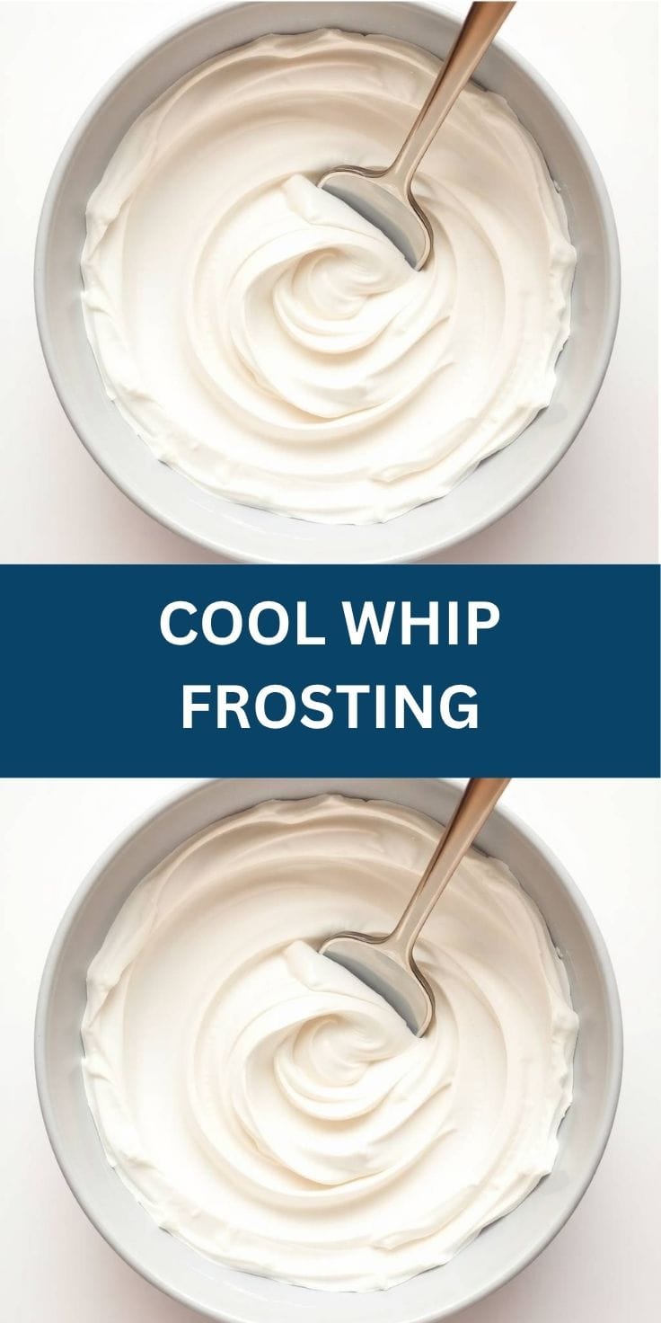 Cool Whip frosting in white bowl with spoon, showing fluffy white texture and swirled appearance.