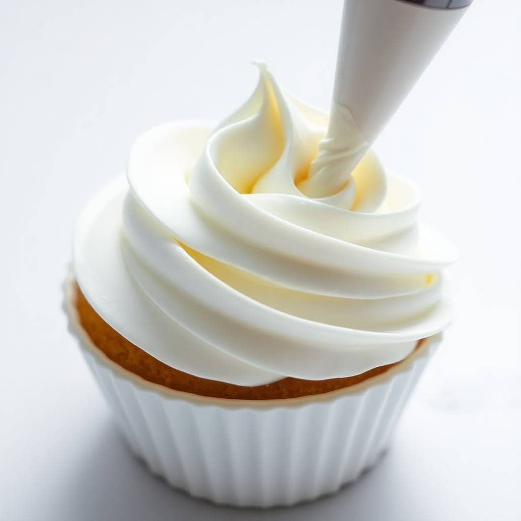 Cool Whip frosting being piped onto a vanilla cupcake with white ridged paper liner.