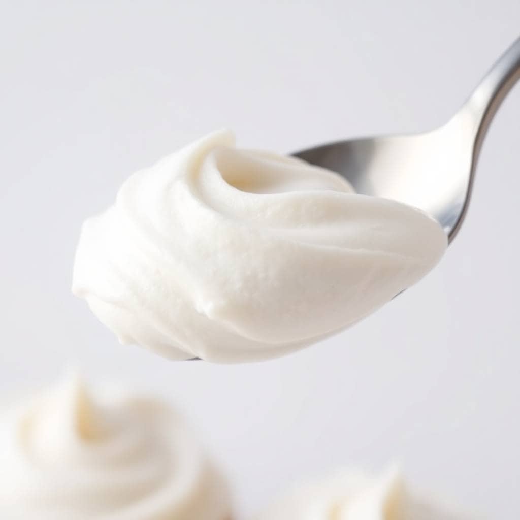 Spoon holding fluffy white Cool Whip frosting with soft, airy peaks against light background.