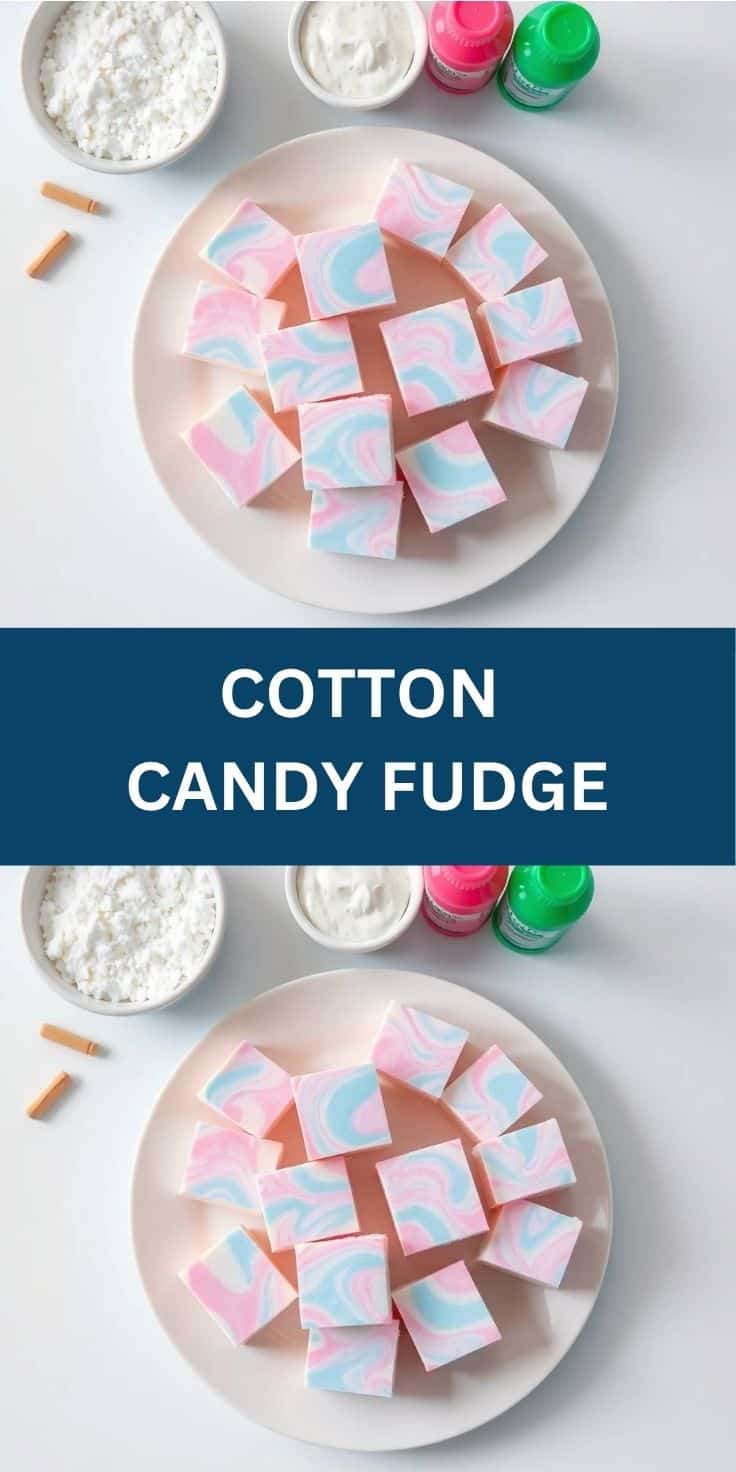 Cotton candy fudge squares with pink and blue swirls arranged on white plate with ingredients nearby.
