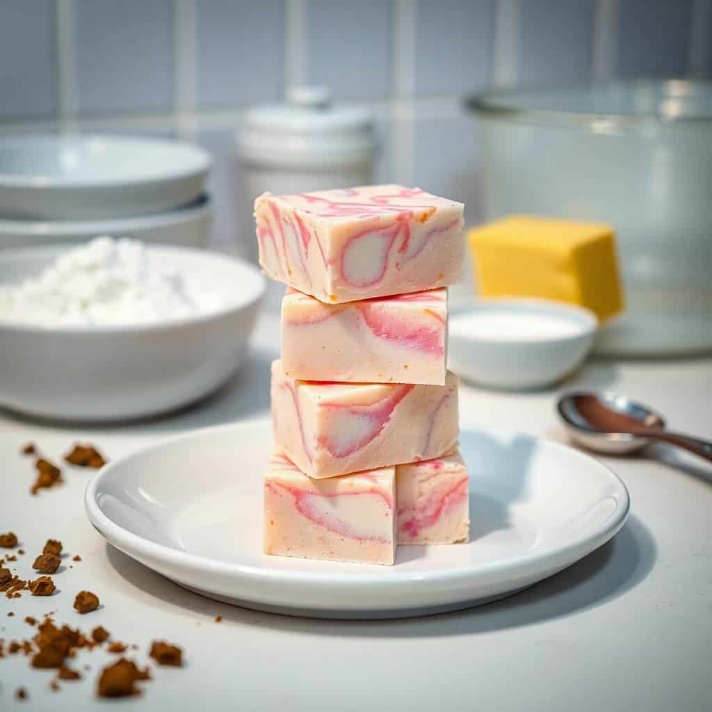 Four stacked pink and white swirled cotton candy fudge pieces on white plate with ingredients blurred behind.