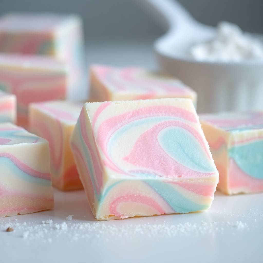 Colorful pastel cotton candy fudge pieces with pink, blue, and white swirled patterns on white surface.