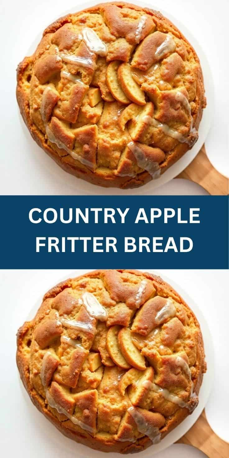 Country Apple Fritter Bread with cinnamon glaze and sliced apples on white plate.