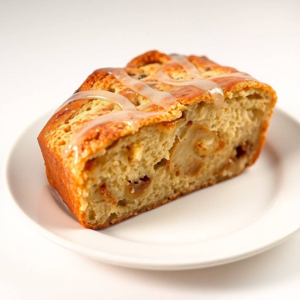 Sliced country apple fritter bread with glaze on white plate, golden-brown exterior.