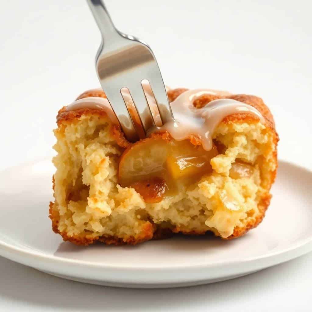 Fork piercing a slice of golden apple fritter bread with caramel glaze on white plate.