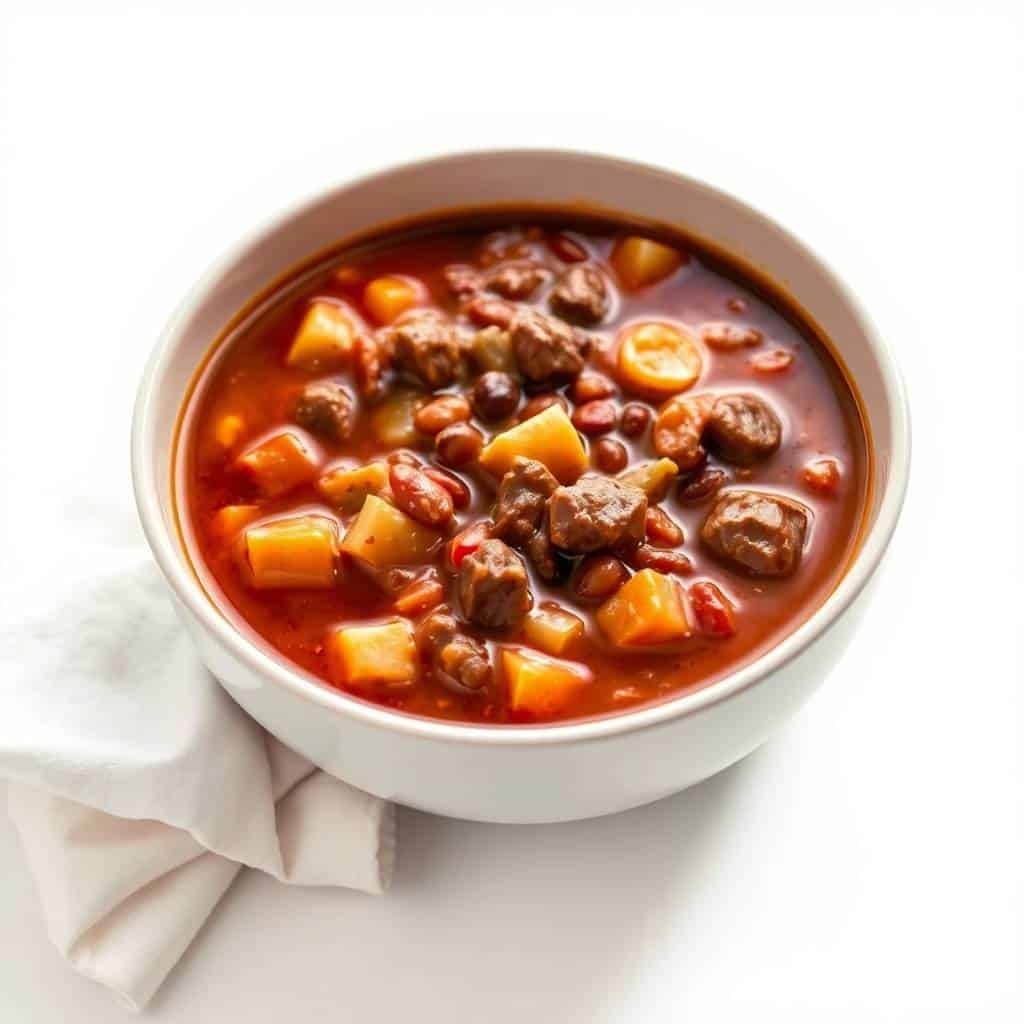 Cowboy soup in white bowl with beef, beans, potatoes, and red broth on white background.