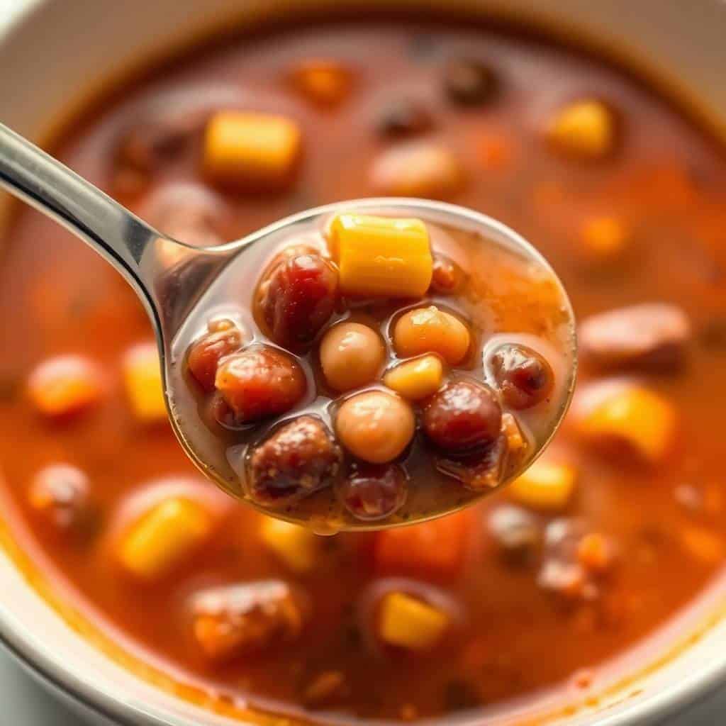Cowboy soup ladle filled with beans and corn over rich broth in pot.