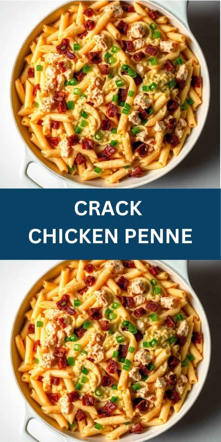 Crack chicken penne pasta in white bowl topped with bacon, cheese, and green onions.