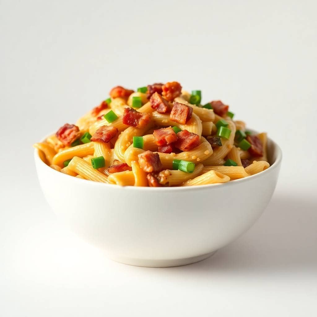 Crack chicken penne pasta topped with bacon, green onions, and red peppers in a white bowl.
