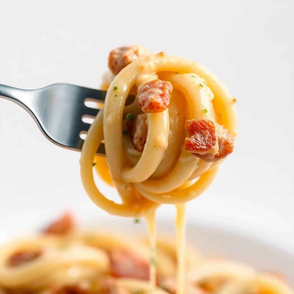 Fork twirling creamy penne pasta with bacon pieces and green garnish against white background.