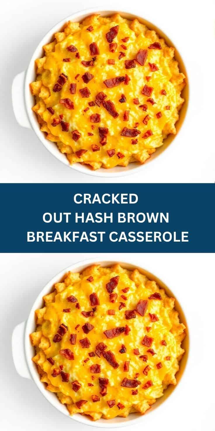 Cracked out hash brown breakfast casserole in white bowl topped with melted cheese and bacon bits.