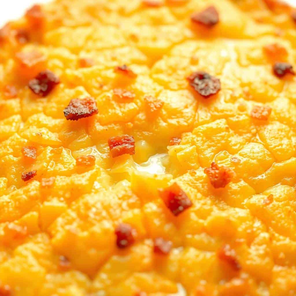 Baked hash brown casserole with melted cheese and red bacon bits garnish, golden brown texture.
