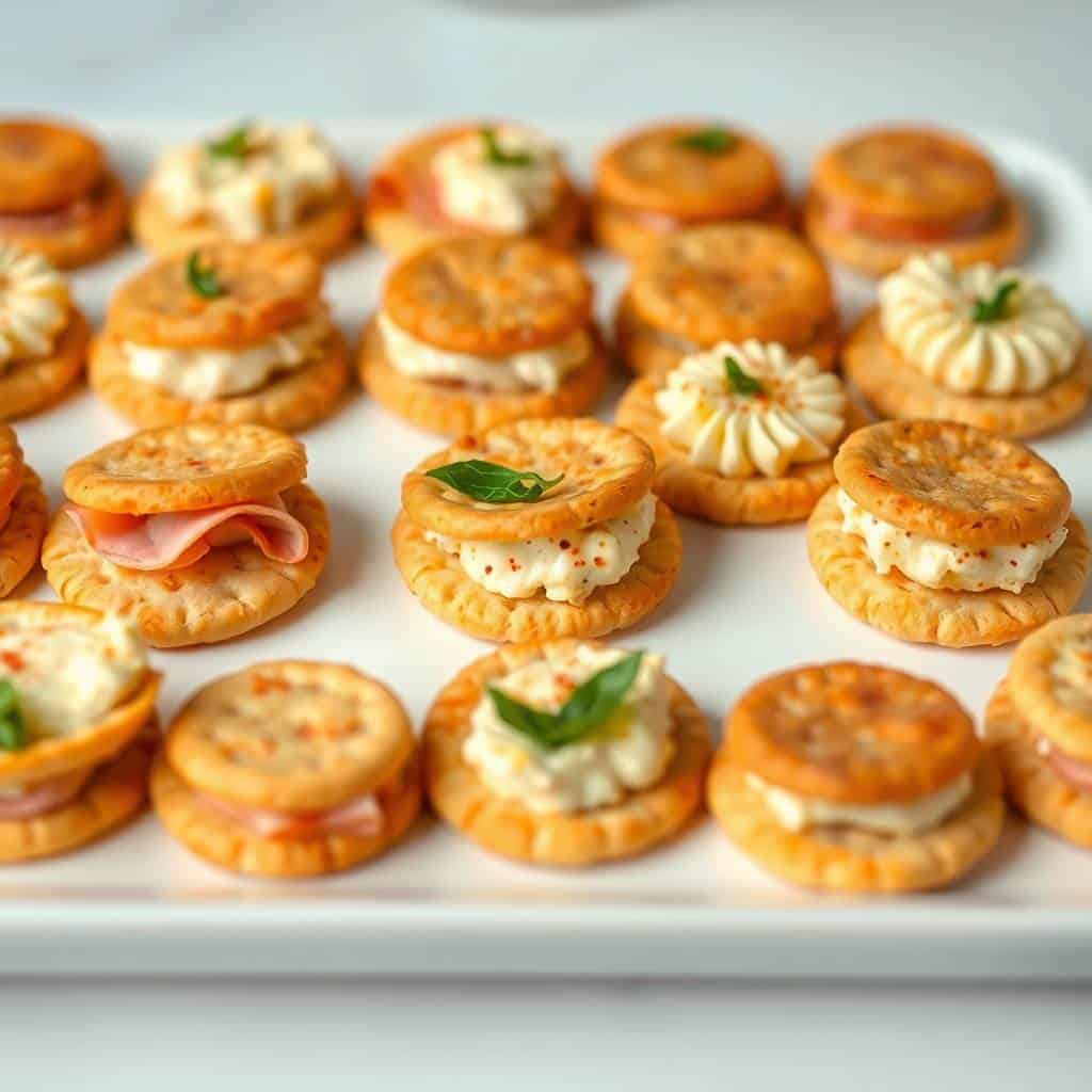 Assorted cracker party sandwiches with cream cheese, ham, and basil garnish on white platter.