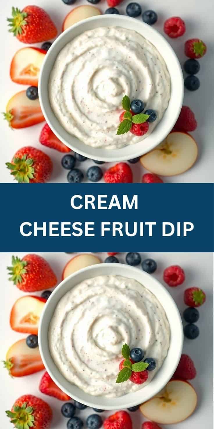 Cream cheese fruit dip in white bowl surrounded by fresh strawberries, blueberries, raspberries, and apple slices.