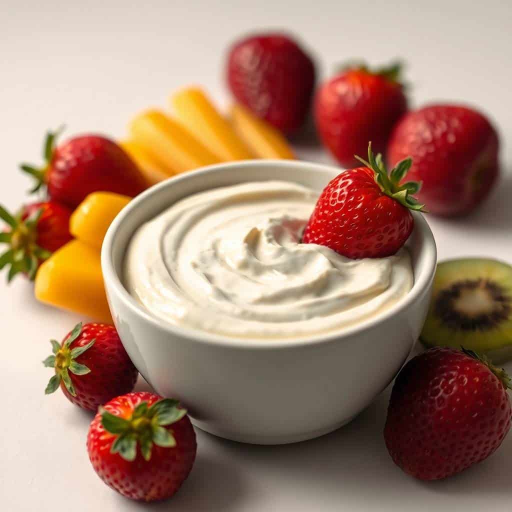 Creamy white fruit dip in white bowl garnished with fresh strawberry, surrounded by berries and sliced fruit.