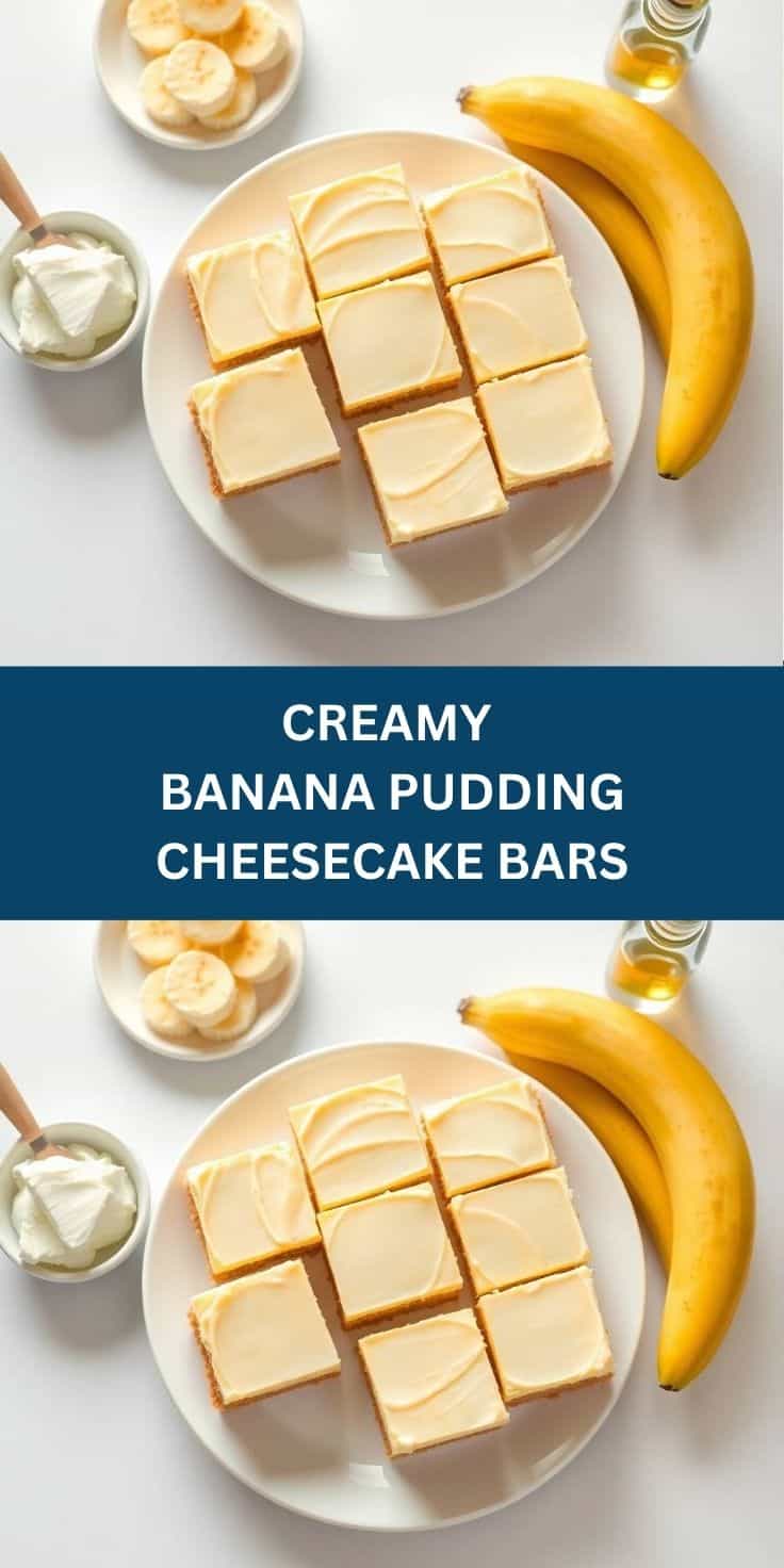 Creamy banana pudding cheesecake bars sliced on white plate with fresh banana and whipped cream ingredients.