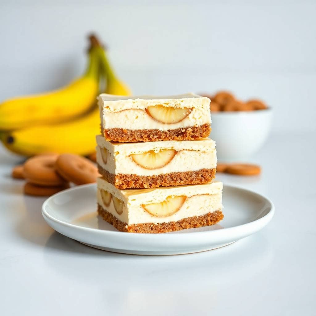 Stacked banana pudding cheesecake bars with graham cracker crust, creamy filling, and banana slices on white plate.