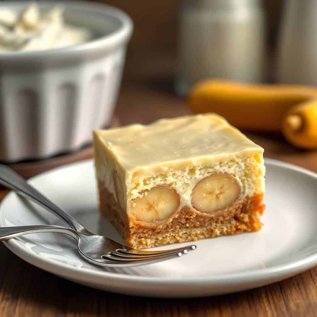 Creamy banana pudding cheesecake bar with banana slices, graham cracker crust, on white plate with fork.