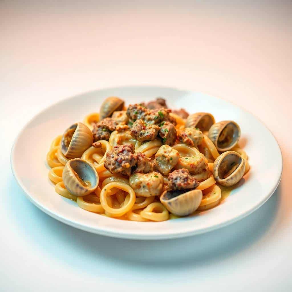 Creamy beef and shells pasta dish with clams and fresh herbs on white plate.