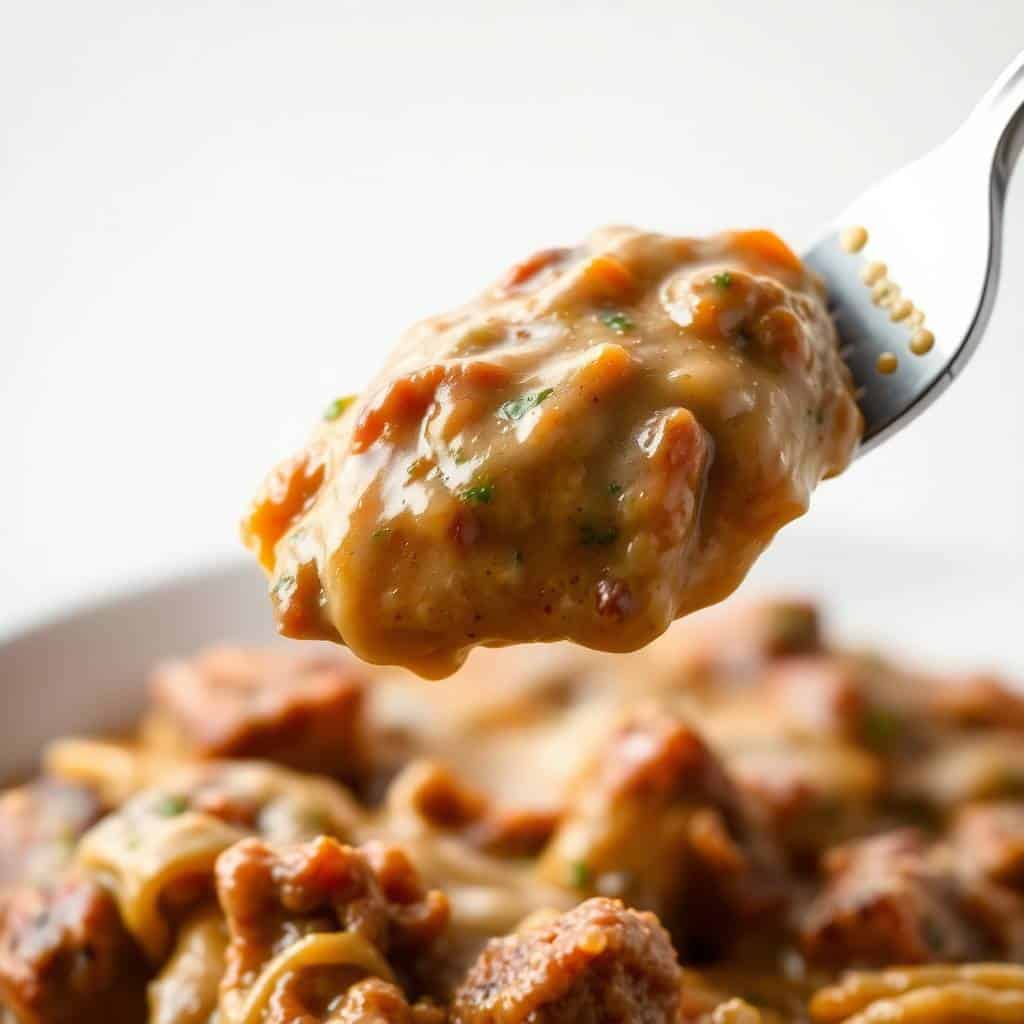 Creamy beef and shells pasta lifted on fork, garnished with green herbs, over blurred bowl.
