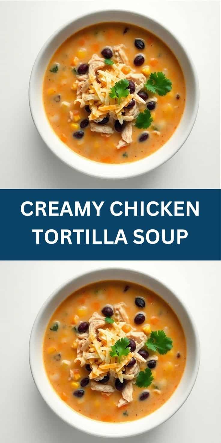 Creamy chicken tortilla soup served in white bowls, garnished with shredded cheese, black beans, and cilantro.
