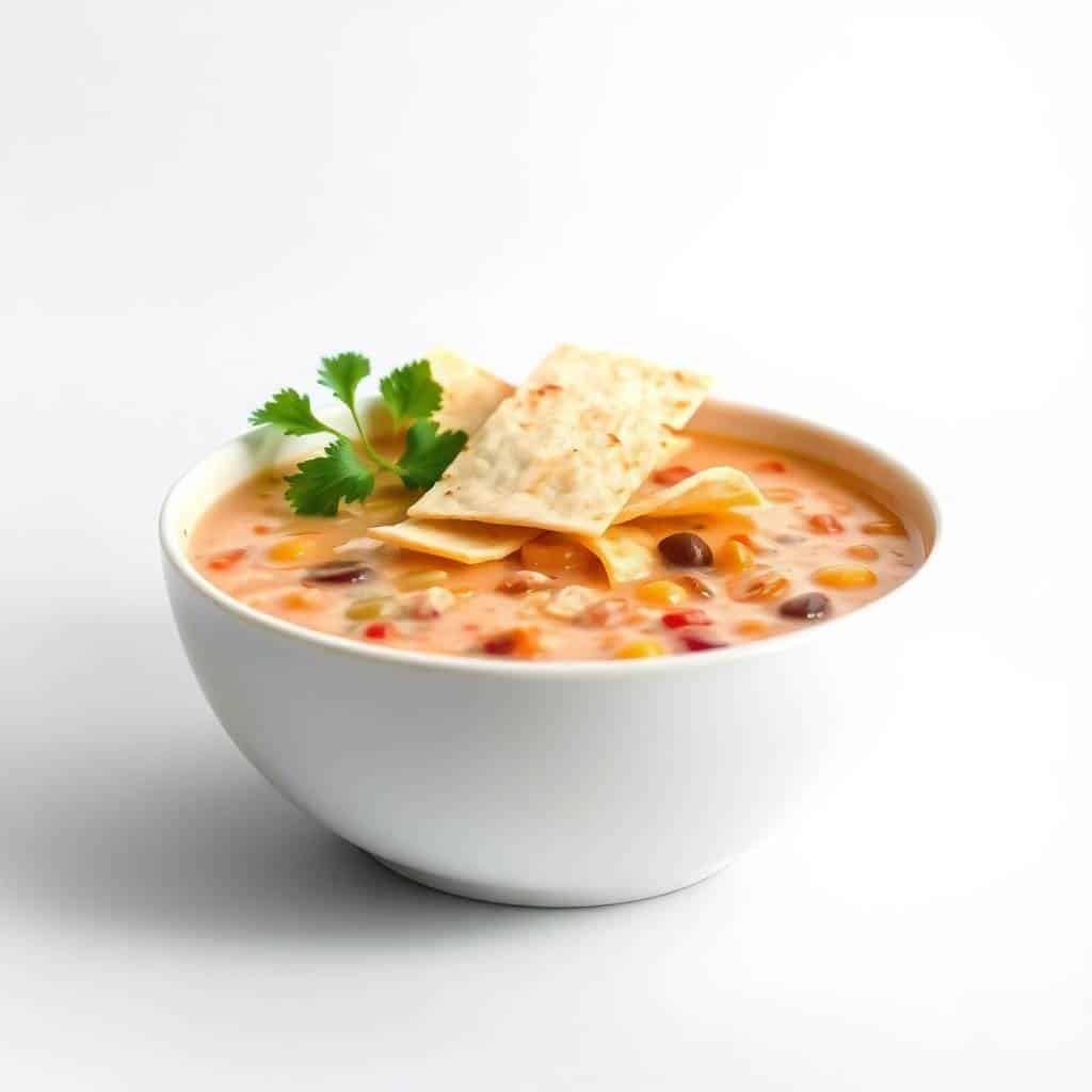Creamy chicken tortilla soup in white bowl, garnished with cilantro and crispy tortilla strips.