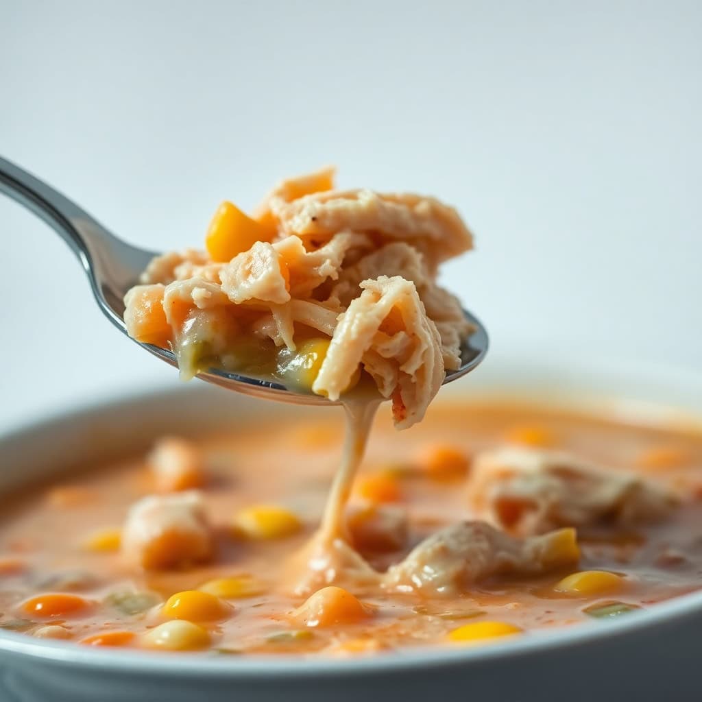 Spoonful of creamy chicken tortilla soup with shredded chicken, corn, and broth over bowl.