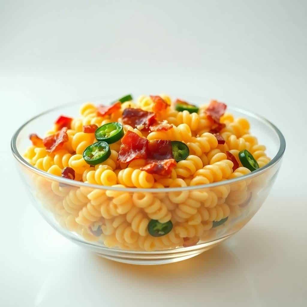 Creamy jalapeño popper pasta salad in glass bowl with rotini, bacon, peppers, and jalapeño slices.