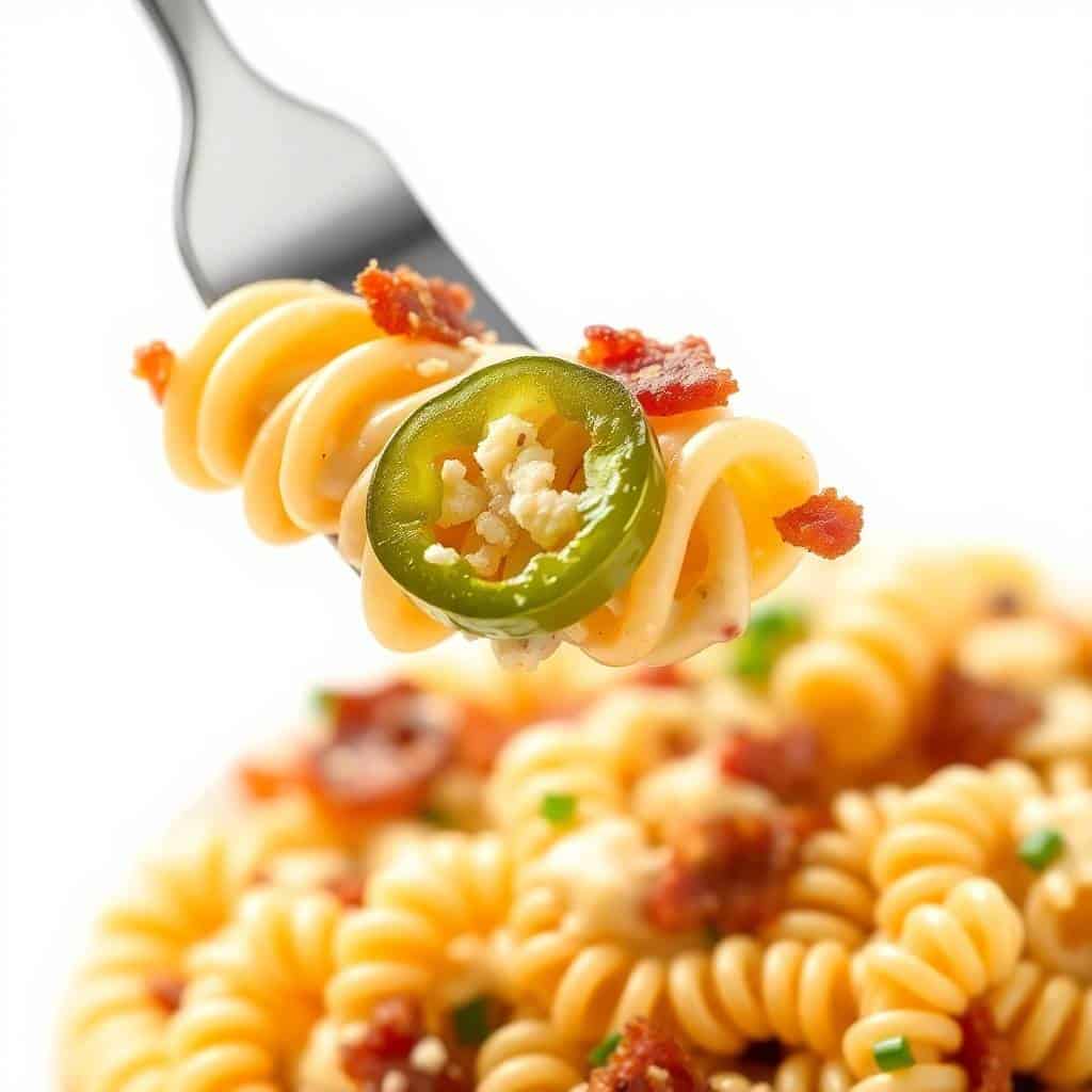 Fork lifting creamy jalapeño popper pasta salad with sliced peppers, bacon, and cheese curds.
