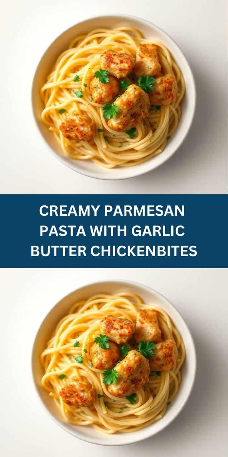 Creamy parmesan pasta with golden garlic butter chicken bites garnished with fresh parsley in white bowl.