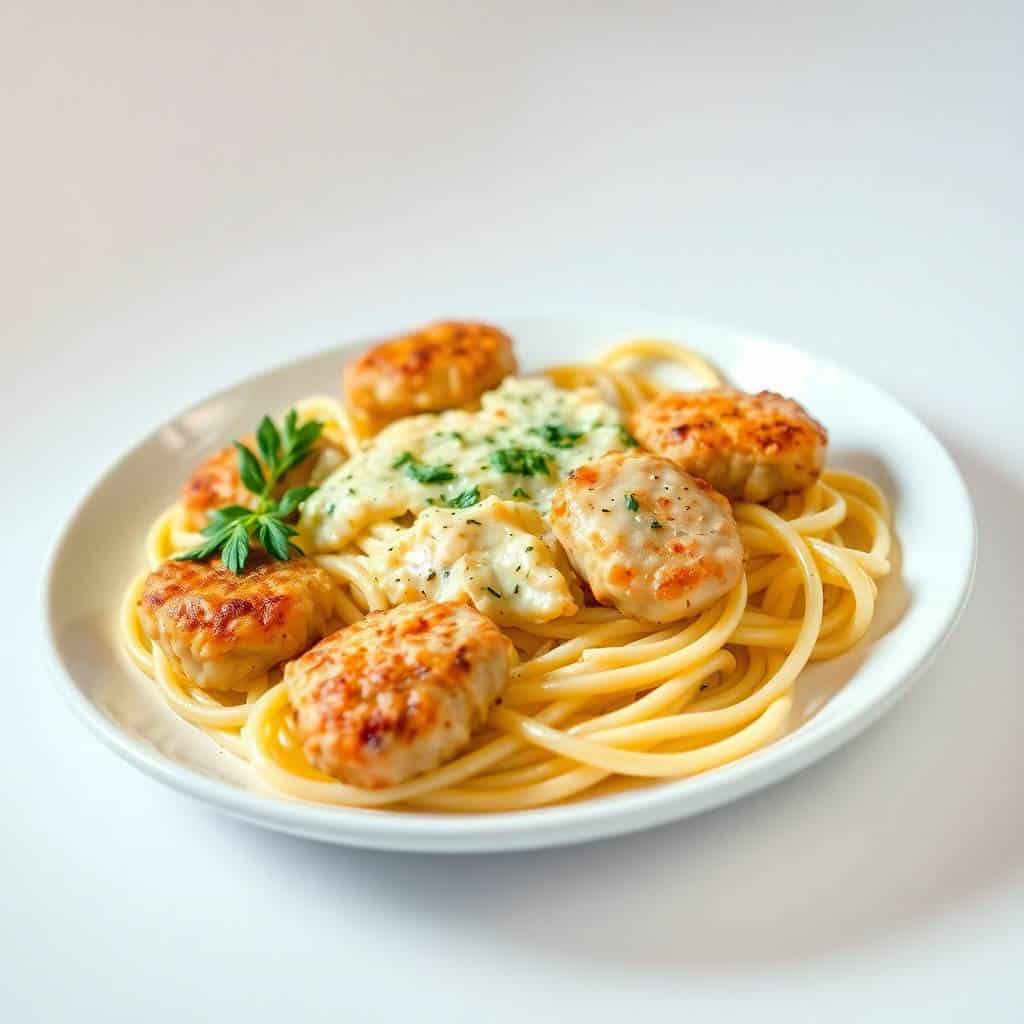 Creamy Parmesan pasta with golden garlic butter chicken bites, fresh parsley garnish, served on white plate.