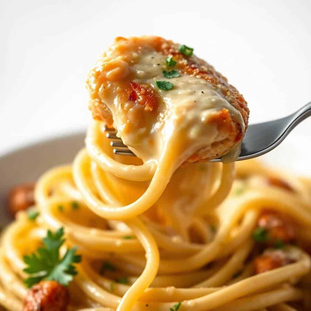 Fork lifting creamy parmesan pasta with golden chicken bite, garnished with fresh parsley and cracked pepper.