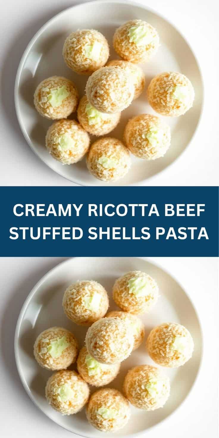 Golden-brown ricotta beef stuffed shells pasta garnished with fresh basil on white plate.